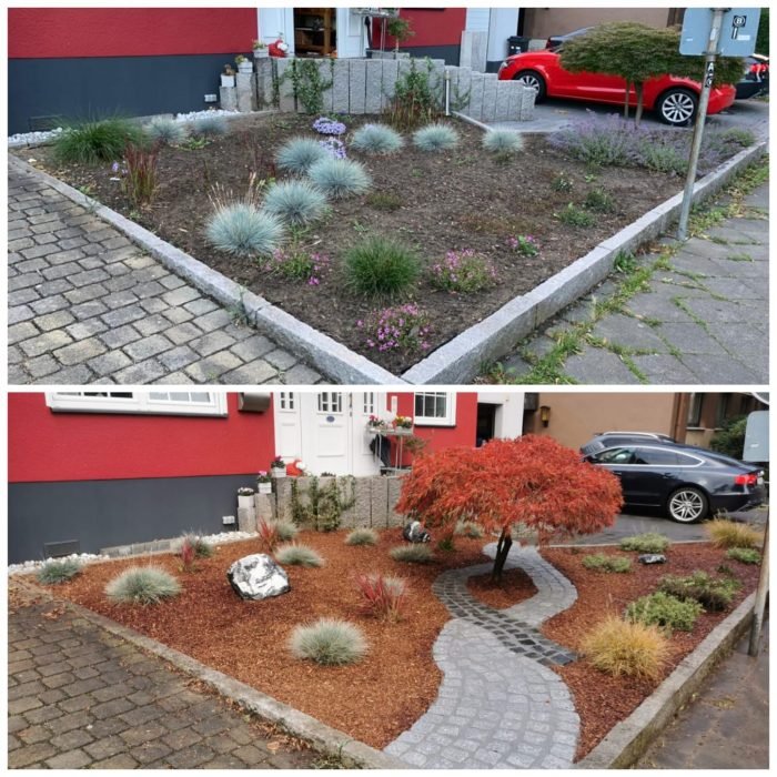 Vorgarten vor und nach der Neugestaltung mit Ziergräsern und Pflasterweg